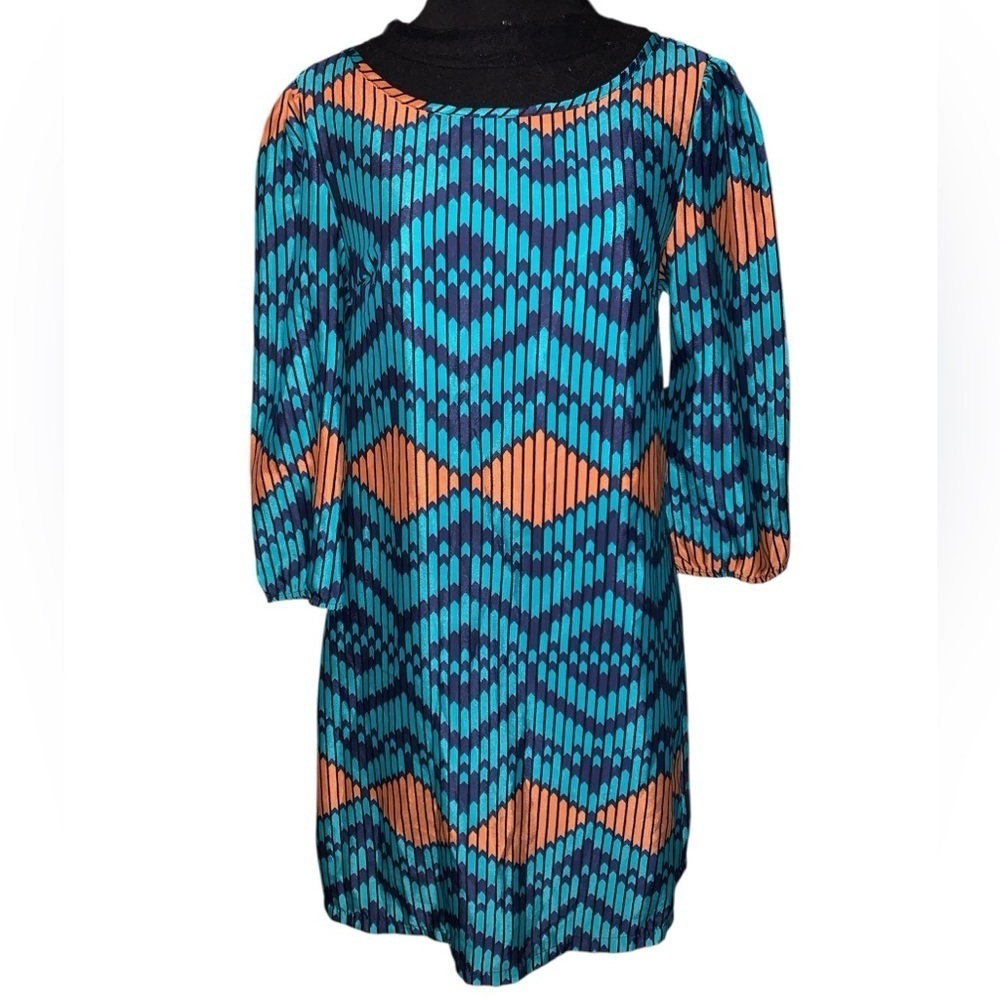 Bella D. Teal and Orange Geometric Midi Dress